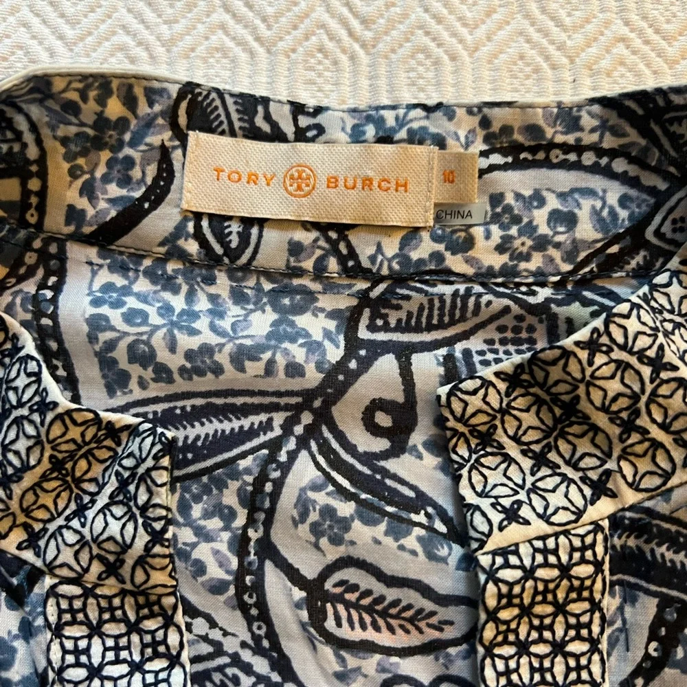Tory Burch Navy and White Floral V-Neck Tunic Top